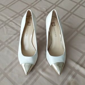 Anne Klein Leather White and Gold Capped Heel
